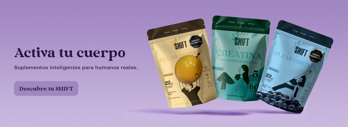 Banner de SHIFT «Activa tu cuerpo»: los tres doypacks de la marca —Proteína Clear Maracuyá, Creatina Monohidratada y Proteína Clear Blueberry— sobre fondo lila