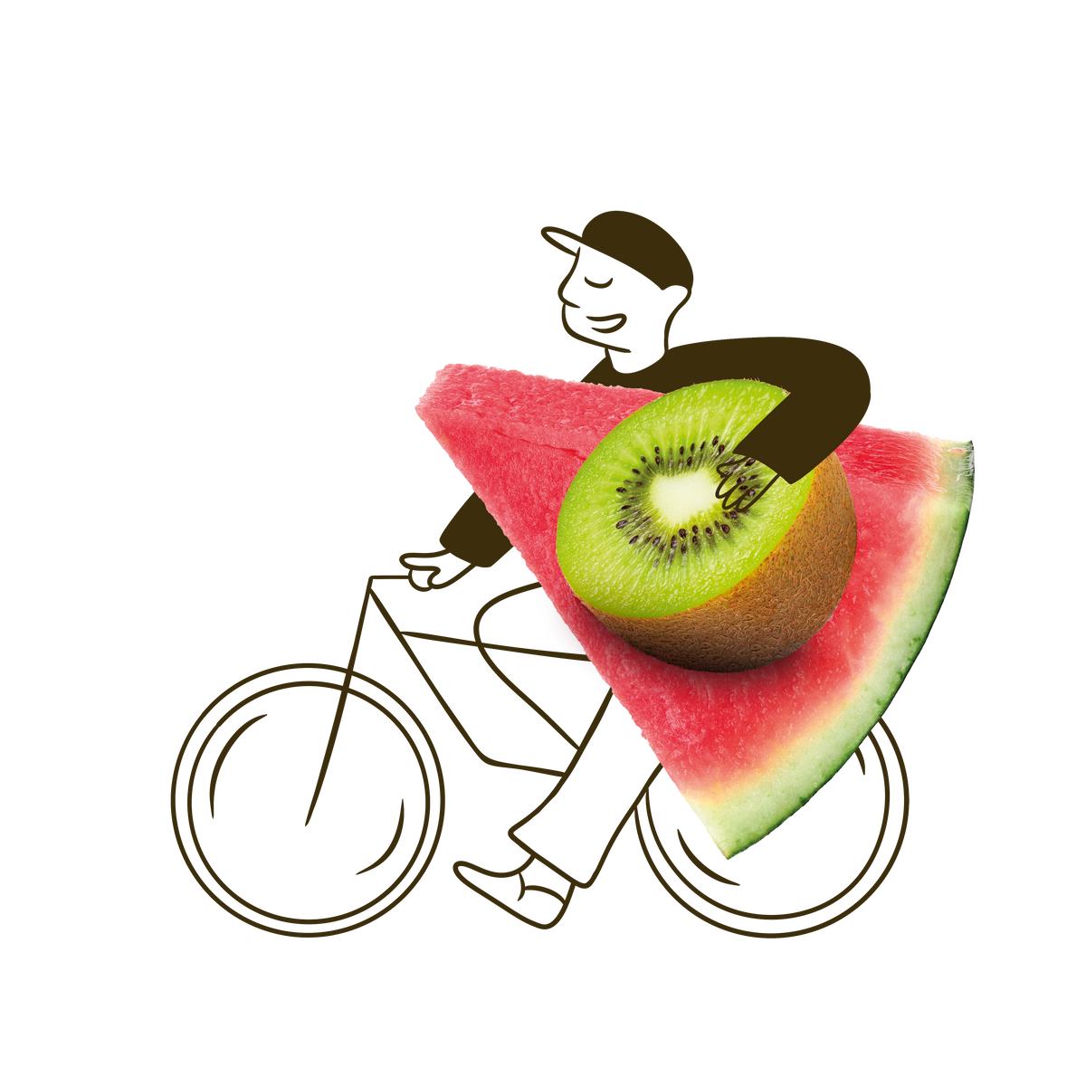 Ilustración de SHIFT: una persona en bicicleta llevando una tajada de sandía y un kiwi