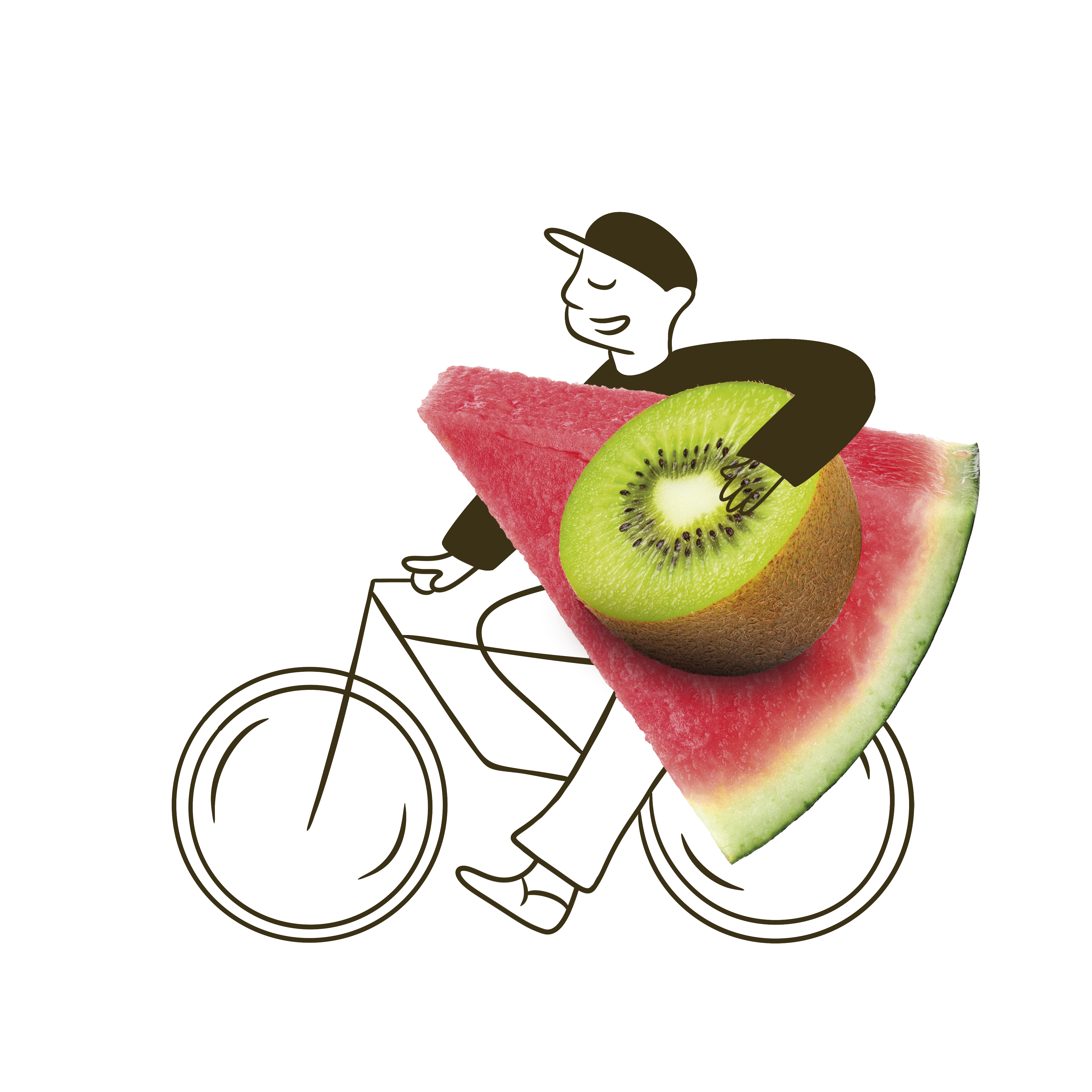Ilustración de SHIFT: una persona en bicicleta llevando una tajada de sandía y un kiwi