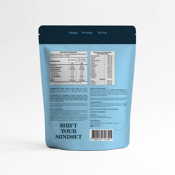 Doypack de Proteína Clear SHIFT sabor Blueberry, 520 g, vista del respaldo con la tabla nutricional