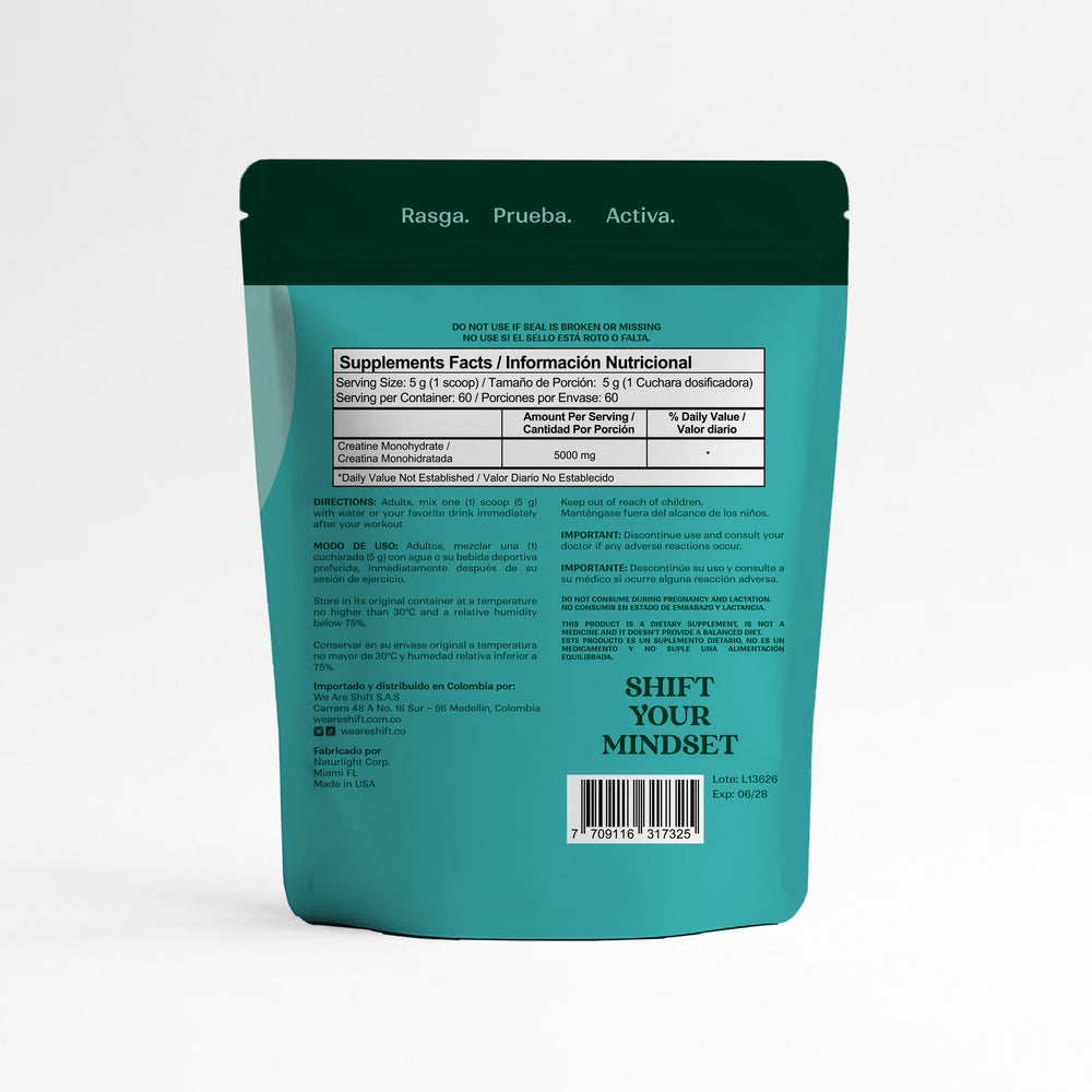 Doypack de Creatina Monohidratada SHIFT, 300 g, sin sabor, vista frontal