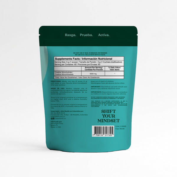 Doypack de Creatina Monohidratada SHIFT, 300 g, vista del respaldo con la información nutricional