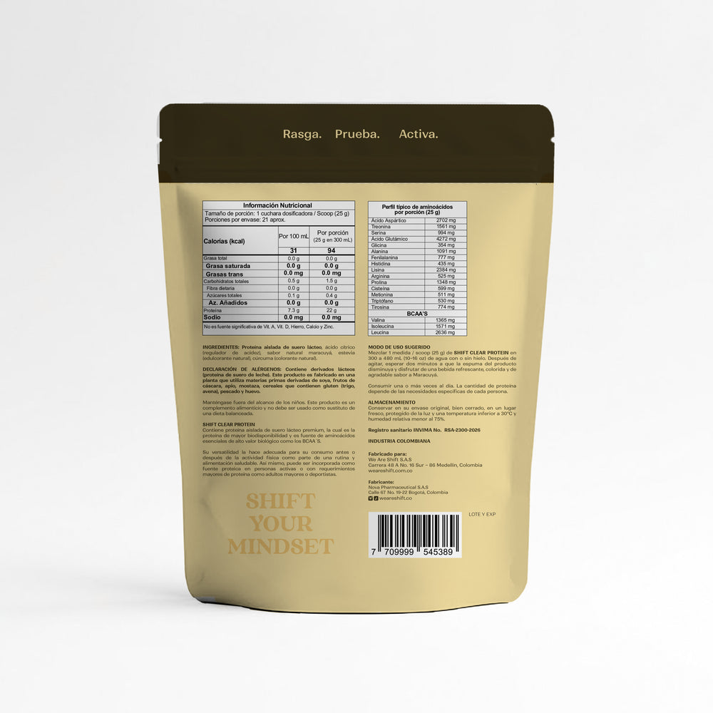 Doypack de Proteína Clear SHIFT sabor Maracuyá, 520 g, vista frontal